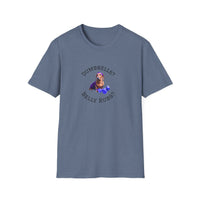 Heather Indigo adult T-shirt with a printed image of a dog and the humorous text 'Dumbbells? Belly Rubs?', designed for dog lovers and fitness enthusiasts.
