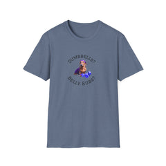 Heather Indigo adult T-shirt with a printed image of a dog and the humorous text 'Dumbbells? Belly Rubs?', designed for dog lovers and fitness enthusiasts.