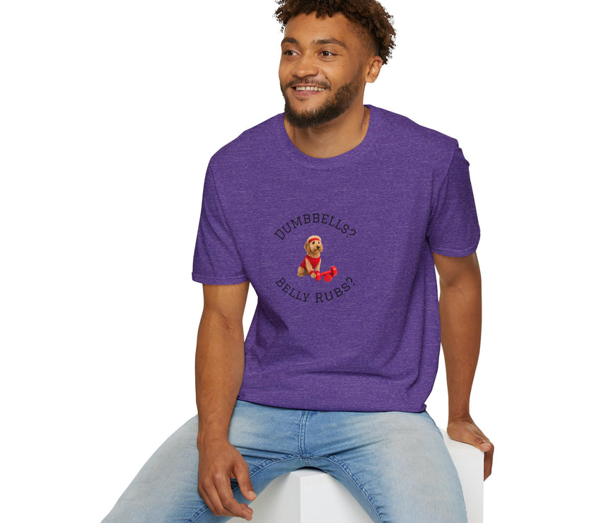 Man wearing a purple t-shirt with a graphic design on a white background
