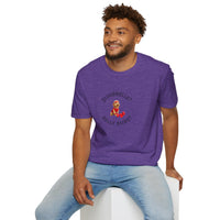 Man wearing a purple t-shirt with a graphic design on a white background