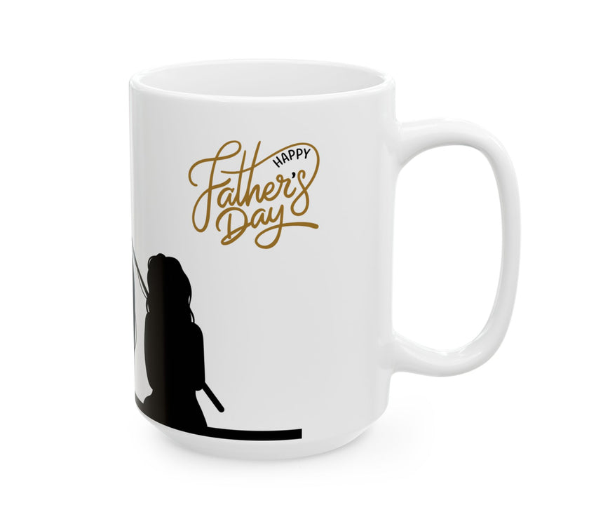 White ceramic mug featuring a silhouette of a child holding a fishing rod next to an adult figure, with the words "Happy Father's Day" in gold script above—an ideal gift for dads who love fishing and family time.