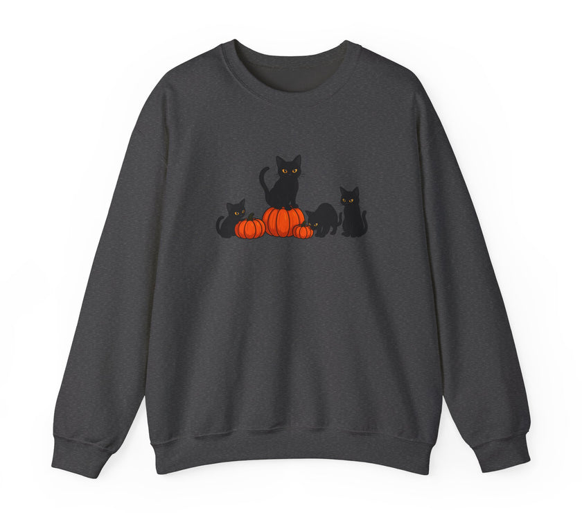 Dark gray sweatshirt with black cats and orange pumpkins on a white background