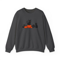 Dark gray sweatshirt with black cats and orange pumpkins on a white background