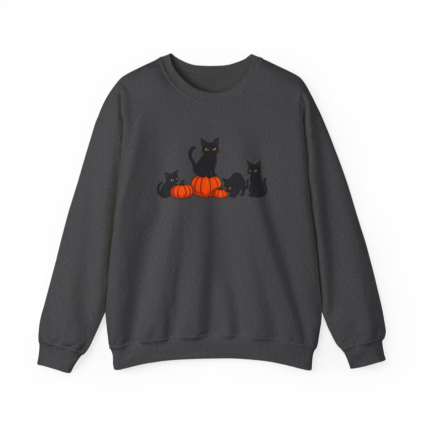 Dark gray sweatshirt with black cats and orange pumpkins on a white background