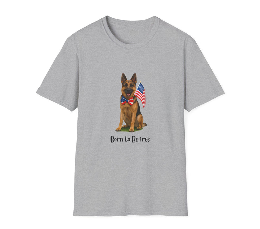Sport Grey t-shirt featuring a patriotic German Shepherd wearing an American flag bowtie and holding U.S. flags, with the phrase "Born to Be Free" printed below — perfect for dog lovers and patriotic Americans.