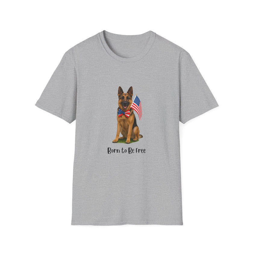 Sport Grey t-shirt featuring a patriotic German Shepherd wearing an American flag bowtie and holding U.S. flags, with the phrase "Born to Be Free" printed below — perfect for dog lovers and patriotic Americans.