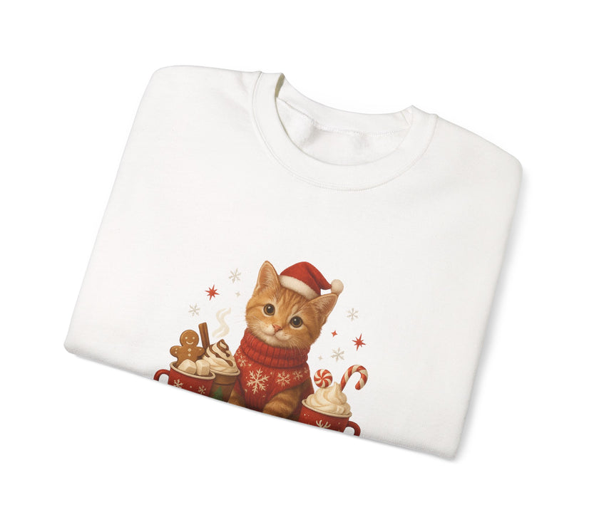 White sweatshirt with a Christmas-themed design of a cat in a sweater and Santa hat on a white background