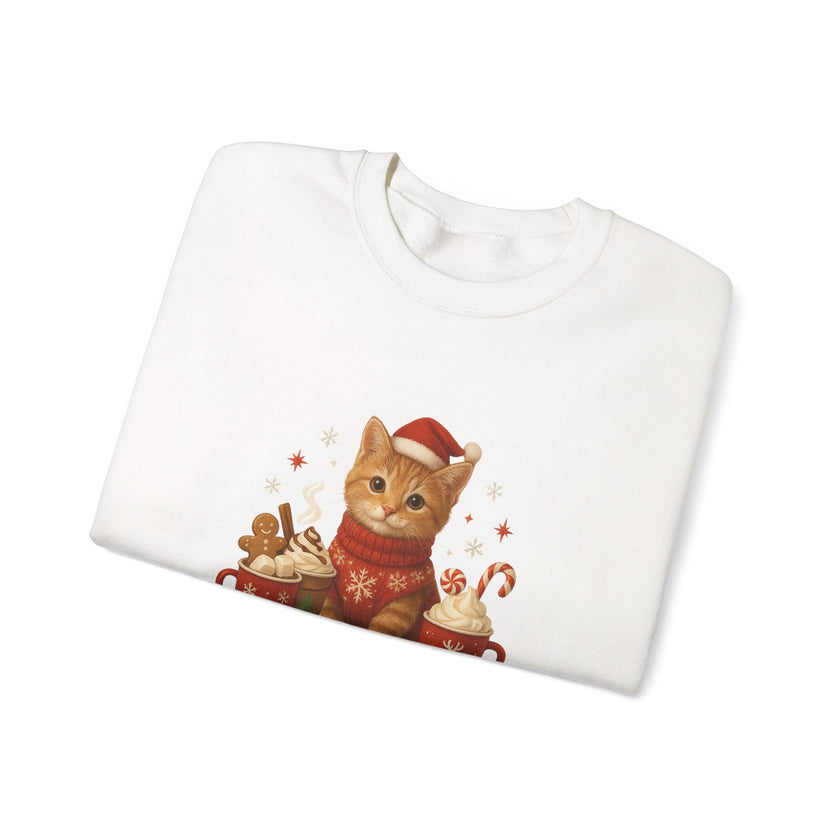 White sweatshirt with a Christmas-themed design of a cat in a sweater and Santa hat on a white background