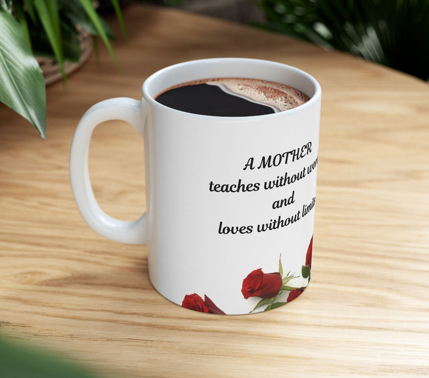 Elegant Floral Coffee Mug for Mom with Timeless Mother's Quote   "A mother teaches without words and loves without ." 