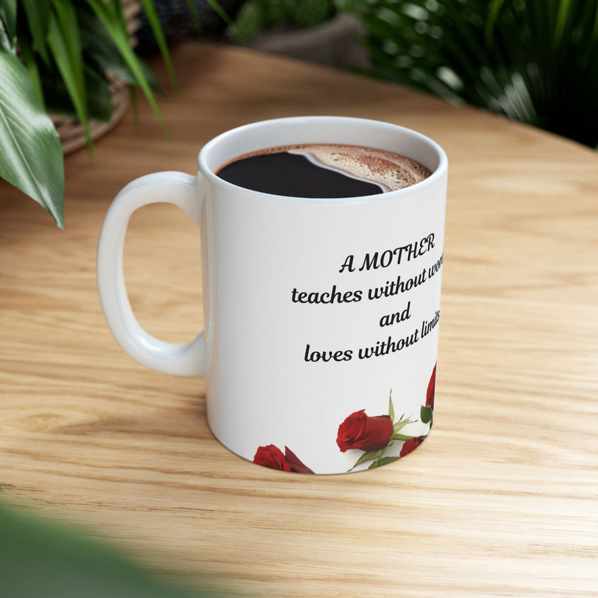 Elegant Floral Coffee Mug for Mom with Timeless Mother's Quote   "A mother teaches without words and loves without ." 
