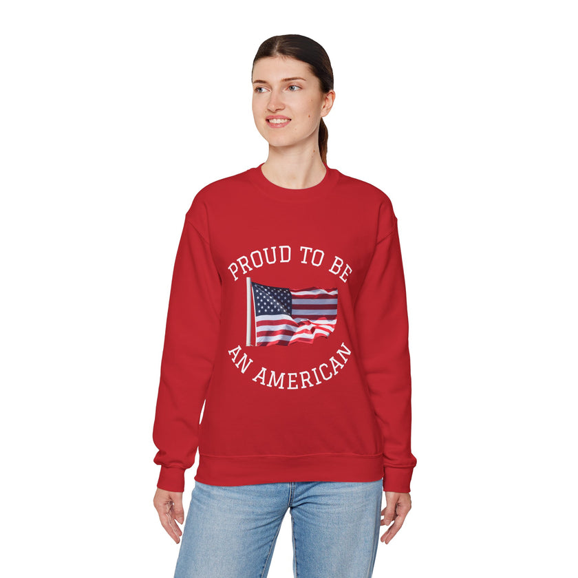 Person wearing a red sweatshirt with 'Proud to be an American' text and flag design on a white background