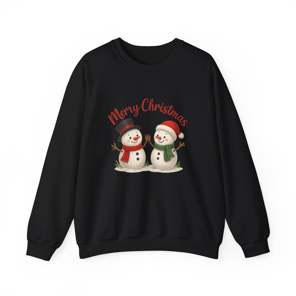 Black sweatshirt with Christmas-themed design of two snowmen and 'Merry Christmas' text on a white background.