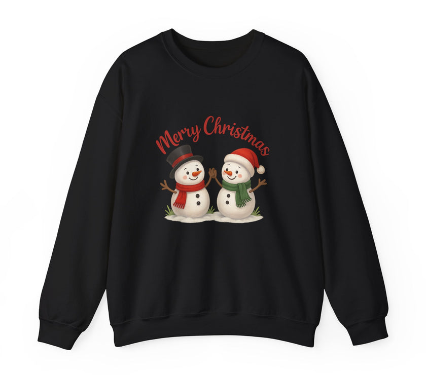 Black sweatshirt with Christmas-themed design of two snowmen and 'Merry Christmas' text on a white background.