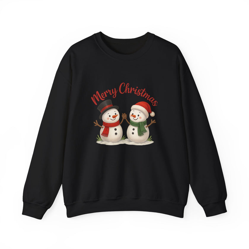 Black sweatshirt with Christmas-themed design of two snowmen and 'Merry Christmas' text on a white background.
