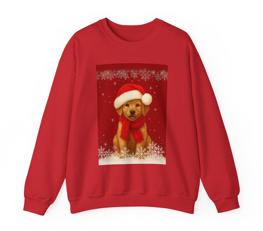 Red sweatshirt with a Christmas-themed design of a dog wearing a Santa hat and scarf on a white background.