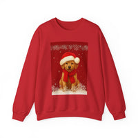 Red sweatshirt with a Christmas-themed design of a dog wearing a Santa hat and scarf on a white background.