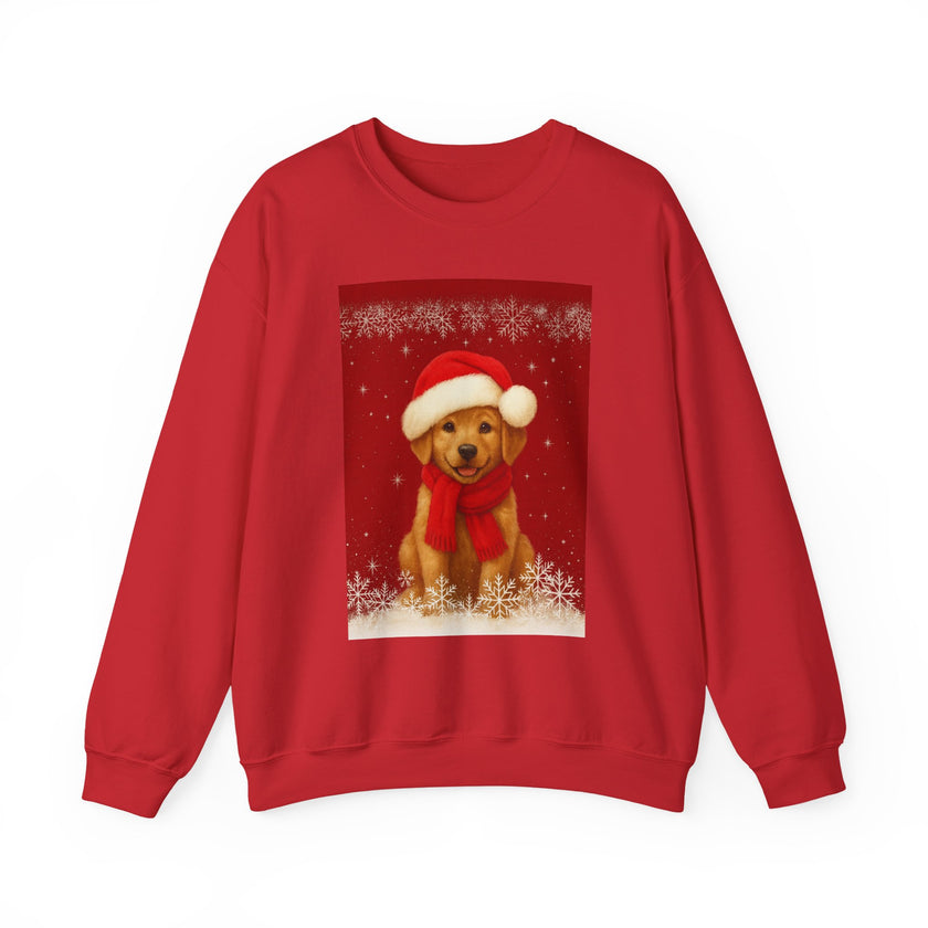 Red sweatshirt with a Christmas-themed design of a dog wearing a Santa hat and scarf on a white background.