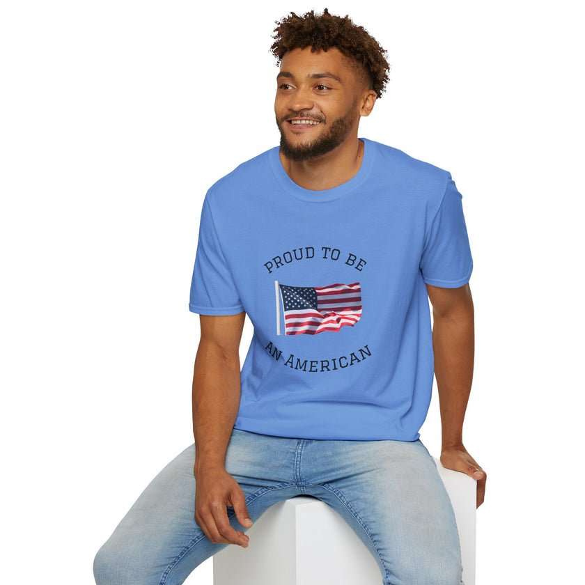 Young man  wearing a white t-shirt with an American flag graphic and the words 'Proud to Be an American' printed around the flag