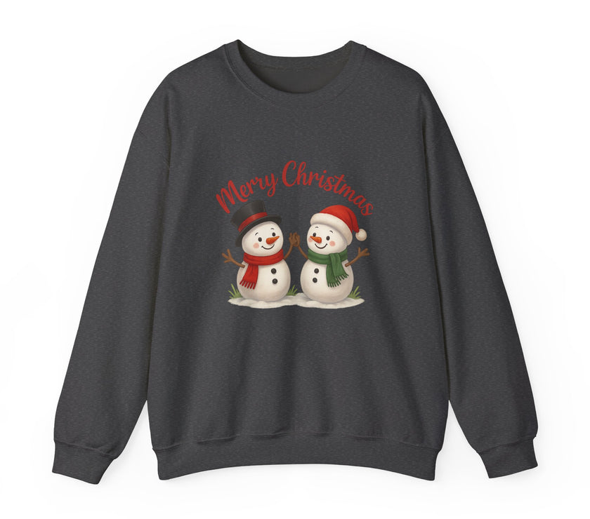 Dark gray sweatshirt with Christmas-themed design of two snowmen and 'Merry Christmas' text on a white background.