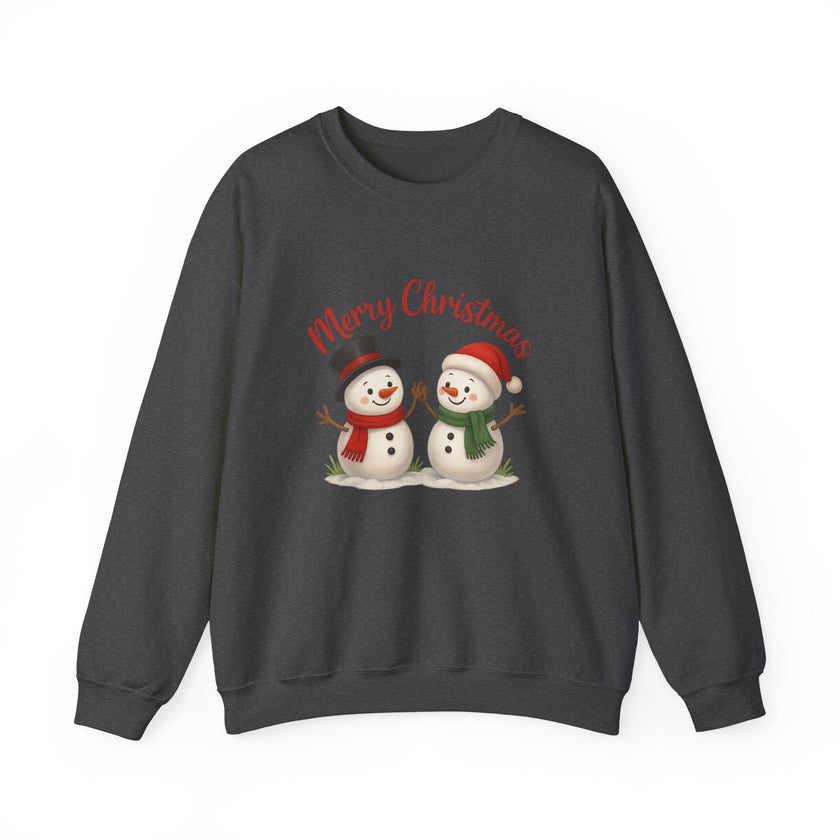 Dark gray sweatshirt with Christmas-themed design of two snowmen and 'Merry Christmas' text on a white background.