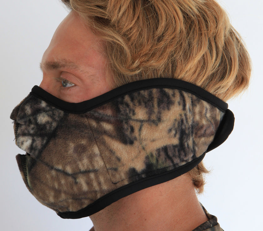 Person wearing a camouflage face mask on a white background