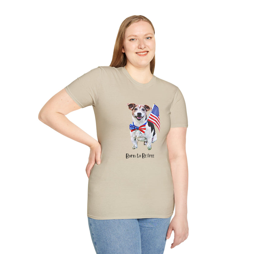 Female wearing T-shirt featuring a cute  puppy wearing an American flag bow tie and holding a small U.S. flag, with the phrase 'Born to Be Free' printed below the image.
