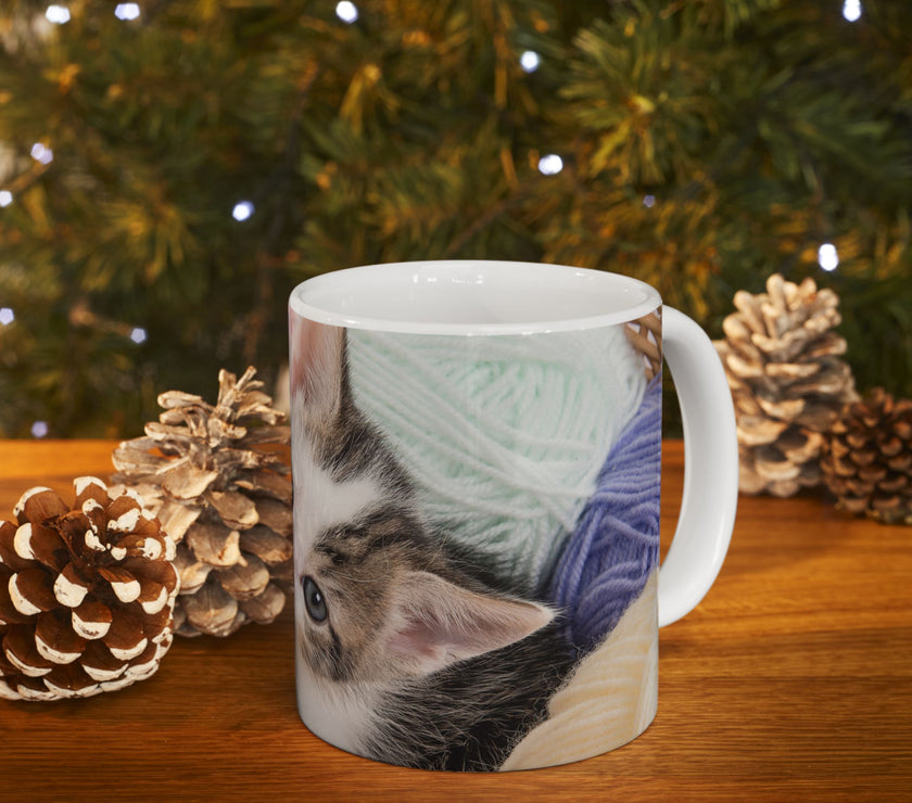 Whiskers & Work Mug –Kitten with Yarn Coffee Cup with message “I work hard so my cat can have a better life.”