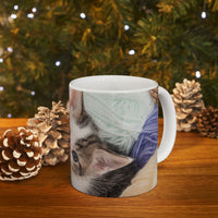 Whiskers & Work Mug –Kitten with Yarn Coffee Cup with message “I work hard so my cat can have a better life.”