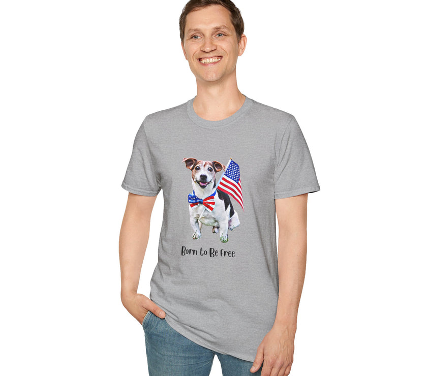Male wearing T-shirt featuring a cute golden doodle puppy wearing an American flag bow tie and holding a small U.S. flag, with the phrase 'Born to Be Free' printed below the image.