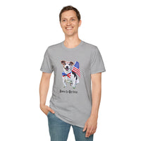 Male wearing T-shirt featuring a cute golden doodle puppy wearing an American flag bow tie and holding a small U.S. flag, with the phrase 'Born to Be Free' printed below the image.