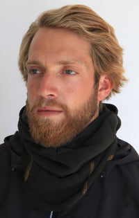 Person wearing a full-face black fleece balaclava with pockets for disposable air-activated warmers on a white background