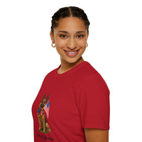 Cherry Red t-shirt featuring a patriotic German Shepherd wearing an American flag bowtie and holding U.S. flags, with the phrase "Born to Be Free" printed below — perfect for dog lovers and patriotic Americans.