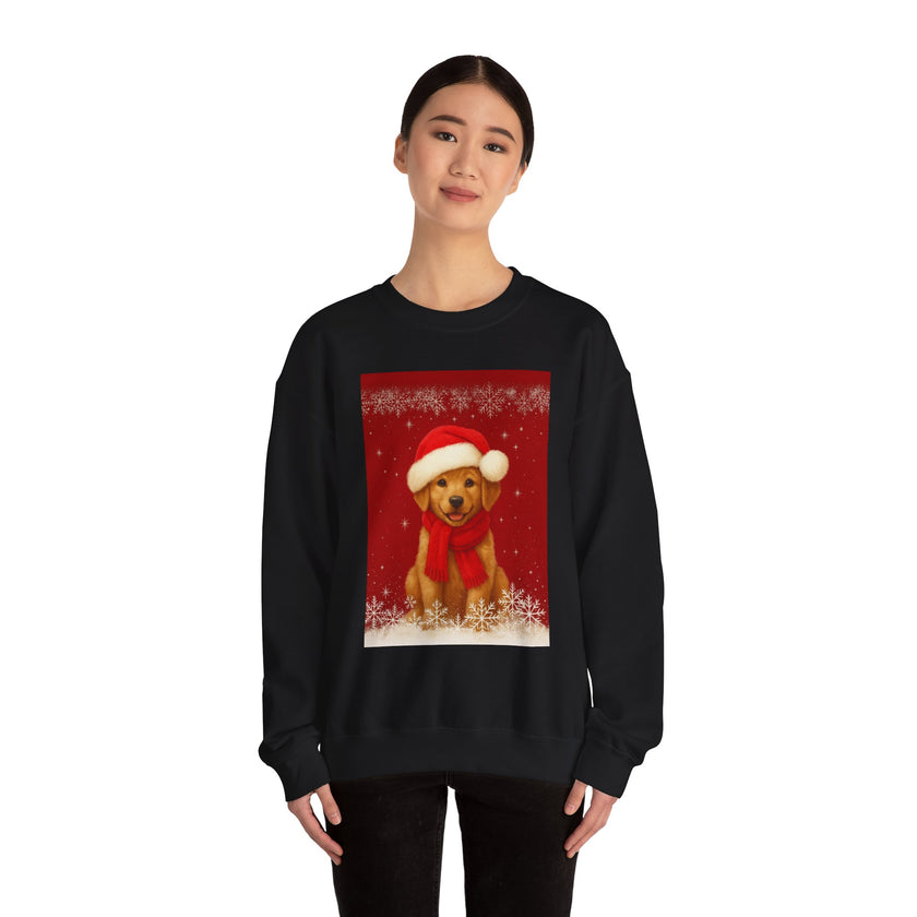 Black sweatshirt with a festive dog design on a white background