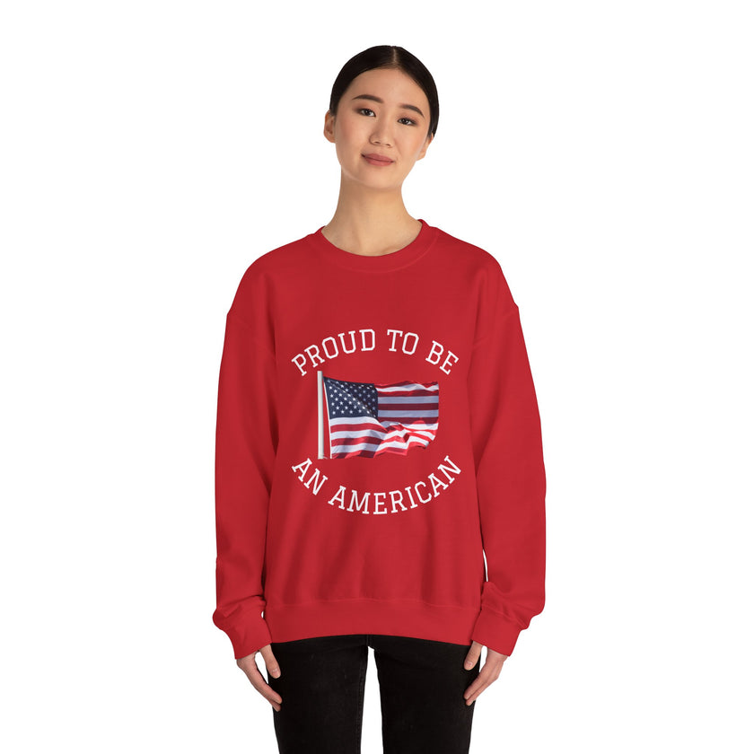 Red sweatshirt with American flag and 'Proud to be an American' text worn by a person on a white background