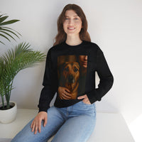 Person wearing a black sweatshirt with a dog's face on it, sitting in a room with a plant.