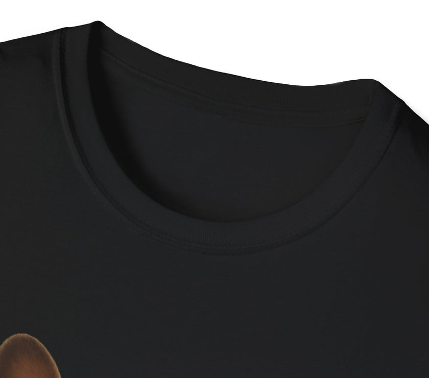 Close-up of a black t-shirt with a small brown object on a white background