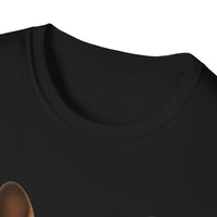 Close-up of a black t-shirt with a small brown object on a white background