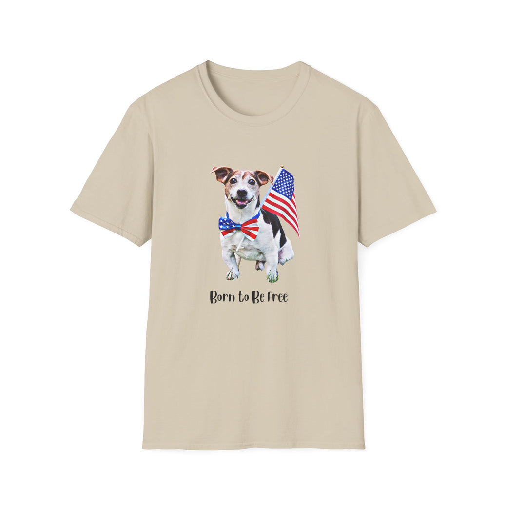 T-shirt featuring a cute  puppy wearing an American flag bow tie and holding a small U.S. flag, with the phrase 'Born to Be Free' printed below the image.