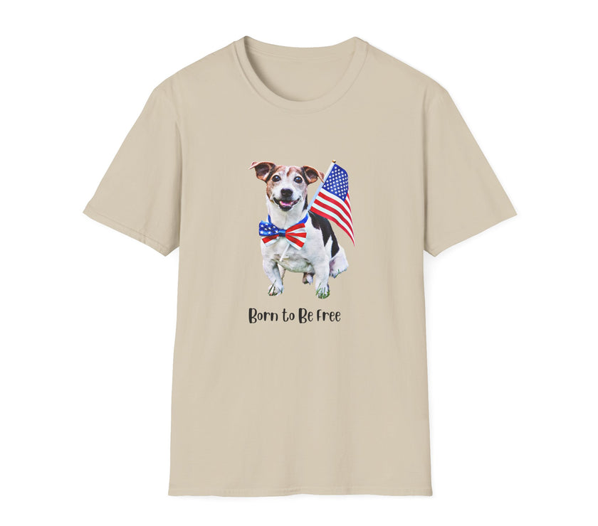 T-shirt featuring a cute  puppy wearing an American flag bow tie and holding a small U.S. flag, with the phrase 'Born to Be Free' printed below the image.