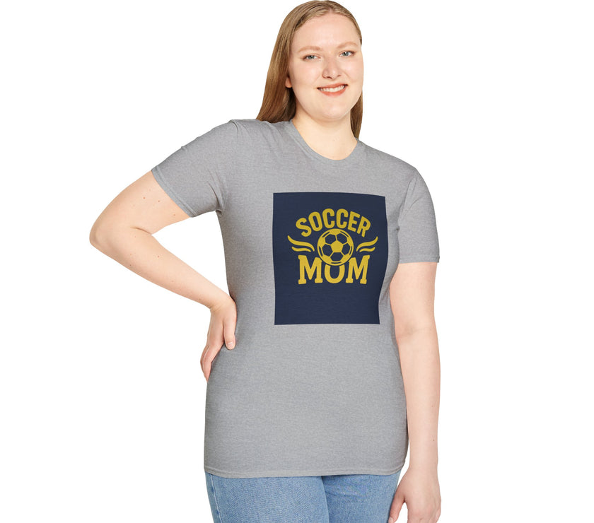 Woman wearing a gray t-shirt with 'Soccer Mum' print on a white background