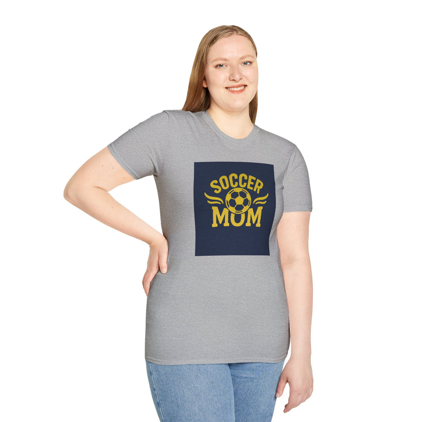 Woman wearing a gray t-shirt with 'Soccer Mum' print on a white background