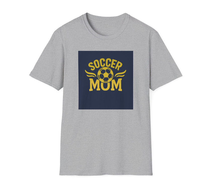 Gray t-shirt with 'Soccer Mom' graphic on a white background