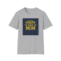 Gray t-shirt with 'Soccer Mom' graphic on a white background