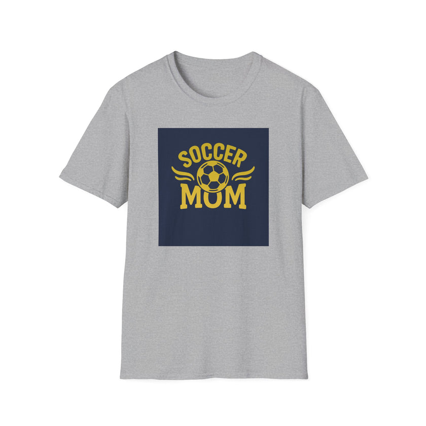 Gray t-shirt with 'Soccer Mom' graphic on a white background