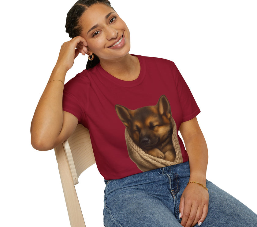 Person wearing a red t-shirt with a dog graphic on a white background