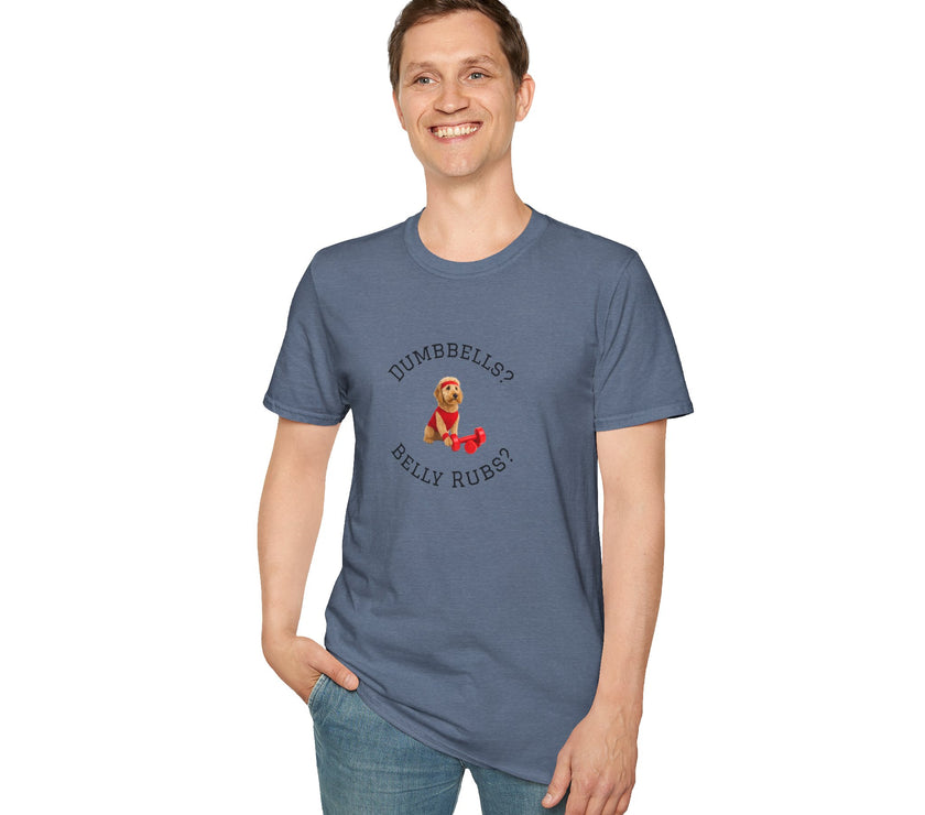 Person wearing a blue t-shirt with a graphic and text on a white background