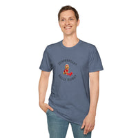 Person wearing a blue t-shirt with a graphic and text on a white background