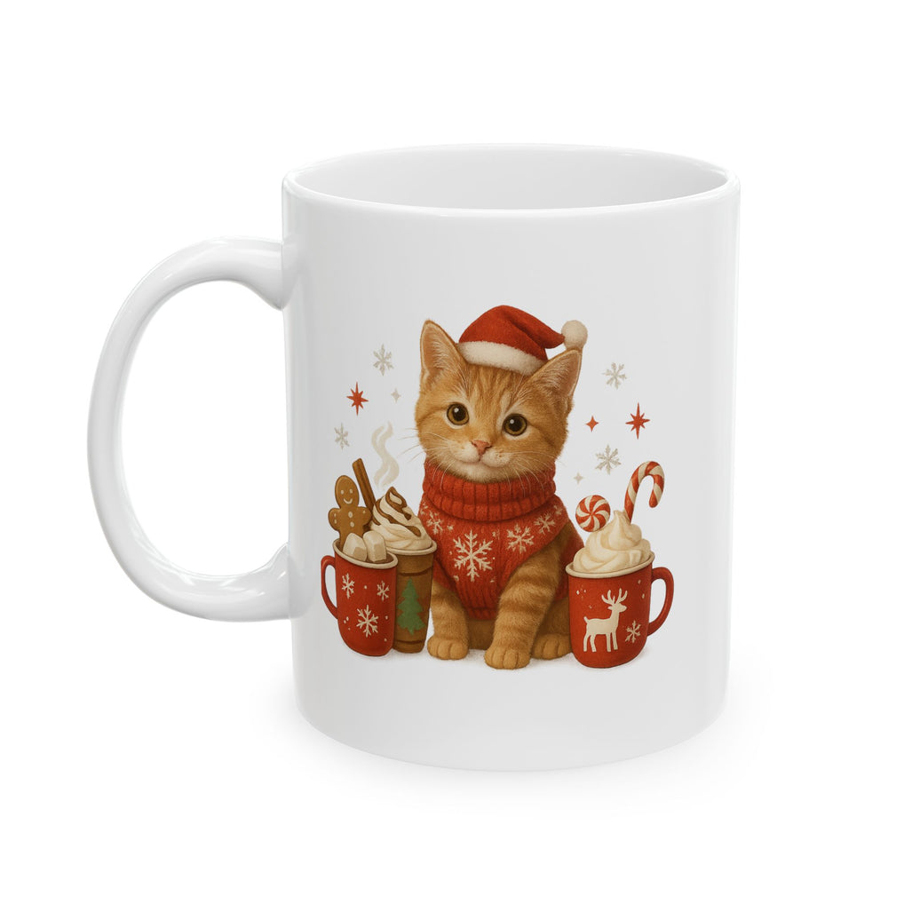 White mug with a Christmas-themed design featuring a cat in a sweater and Santa hat.