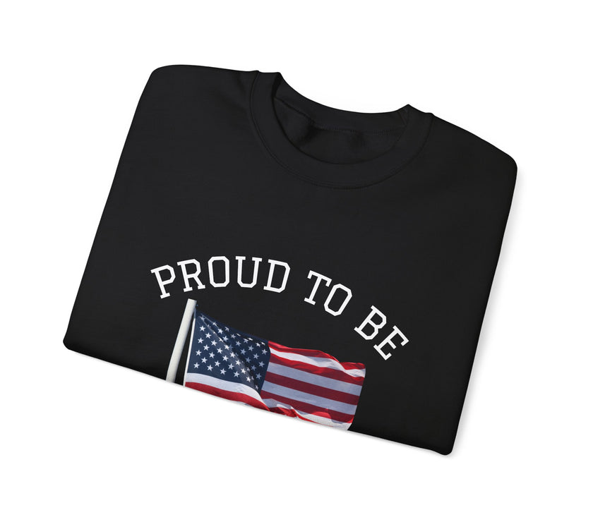 Black t-shirt with 'PROUD TO BE' text and American flag on a white background