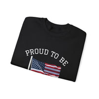 Black t-shirt with 'PROUD TO BE' text and American flag on a white background